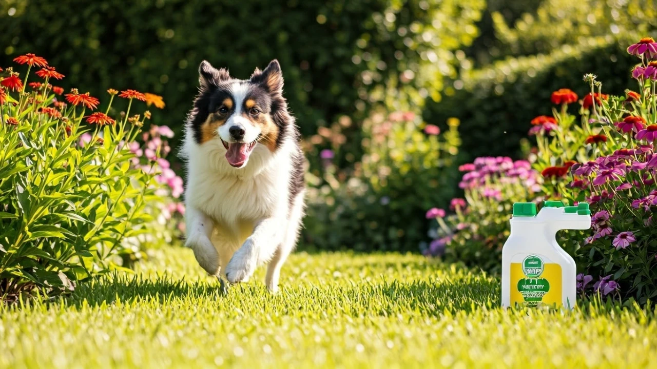 A dog playing in a flower garden