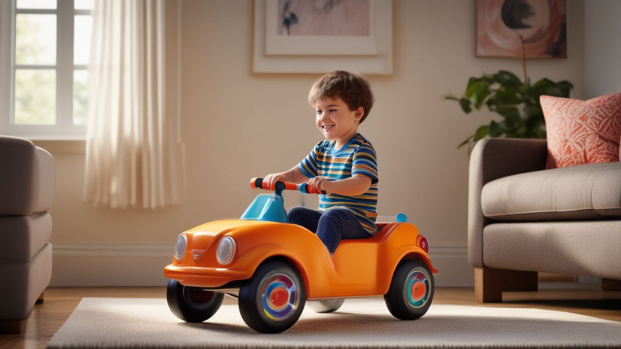Child on push and pull ride-on toy