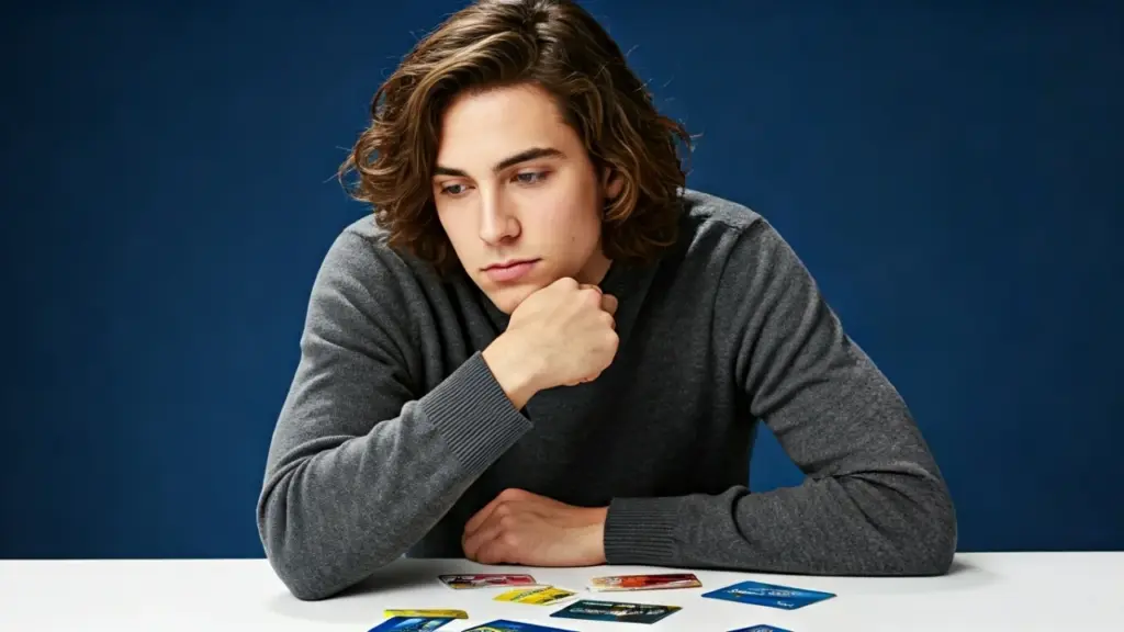 A young man looking concerned while staring at multiple Visa gift cards on a table, symbolizing confusion about combining Visa gift cards on PayPal.