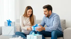 Expectant couple unboxing baby gifts