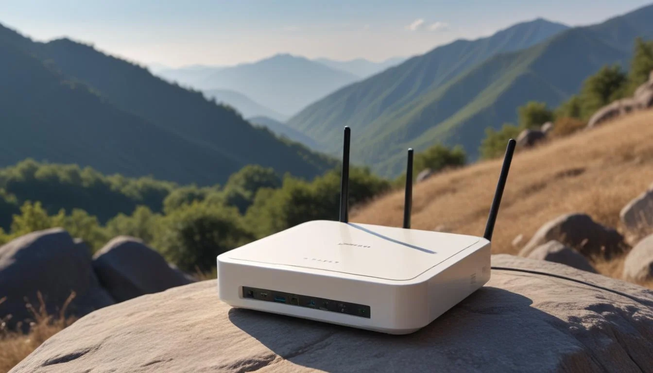 A travel router is placed on a stone, high-definition close-up of the router