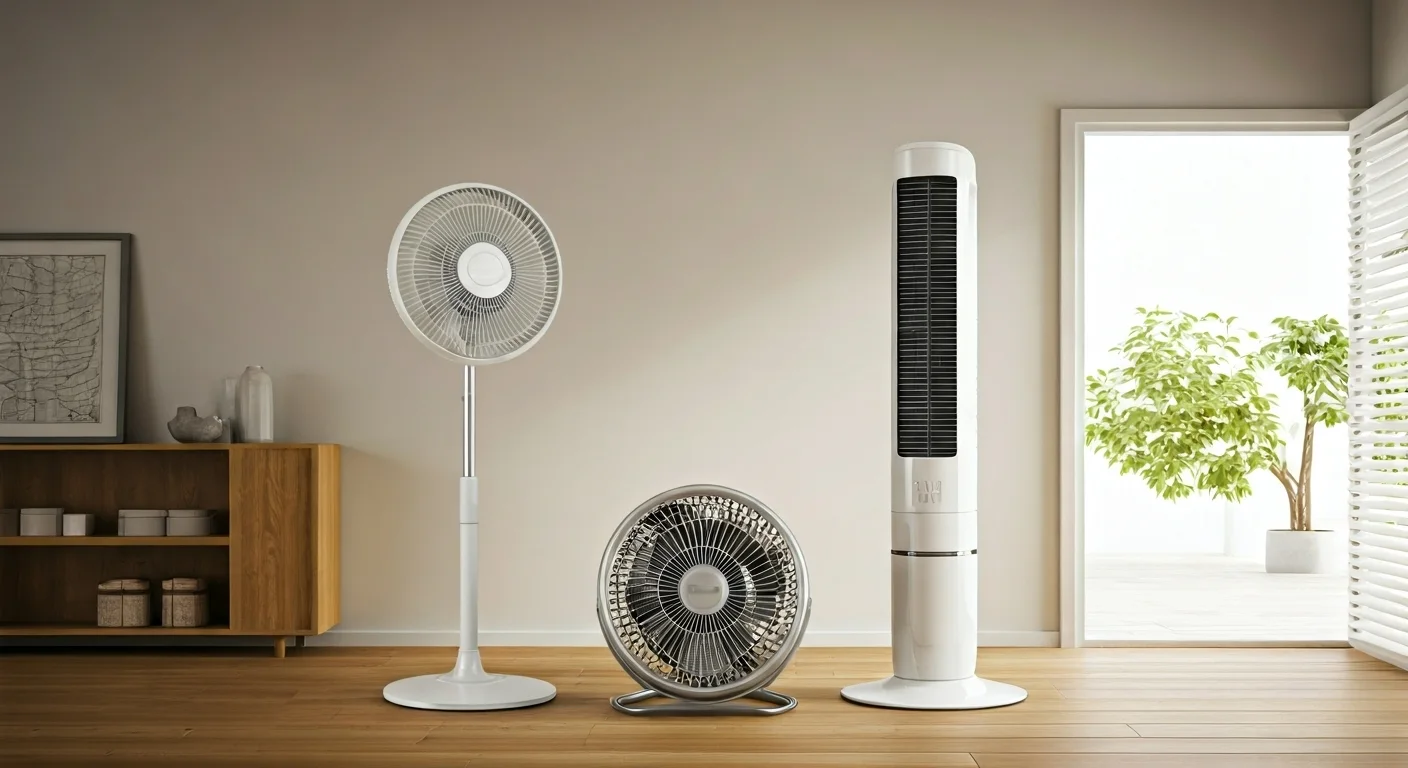 Ceiling, tower, pedestal fans in room
