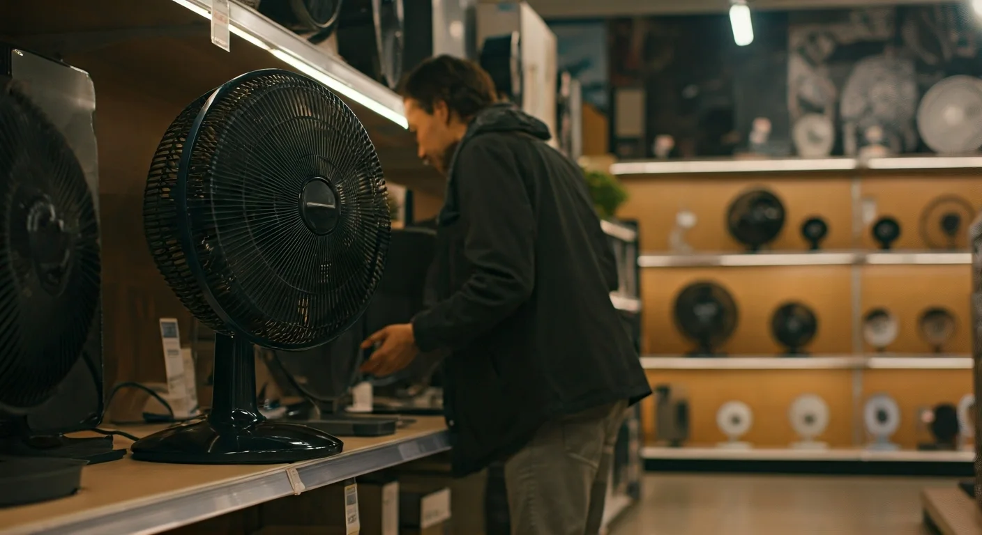person comparing fan sizes in store