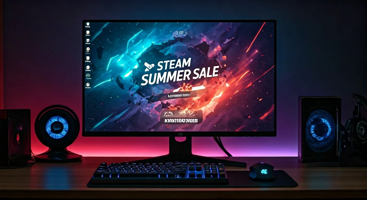 Gaming desk with Steam Sale banner