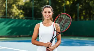 Beginner holding new tennis racket